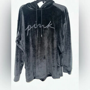 PINK VICTORIA'S SECRET Black VELOUR STRETCH PULLOVER HOODIE SZ Medium NWOT